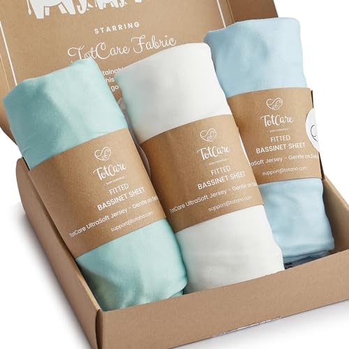 TotCare Bassinet Fitted Sheets Compatible with SNOO Happiest Baby Oval Bassinet Buttery Soft Silky Comfort Premium Stretchy Jersey Knit Sheets Sky Sage Cloud 3 Pack - Image 1