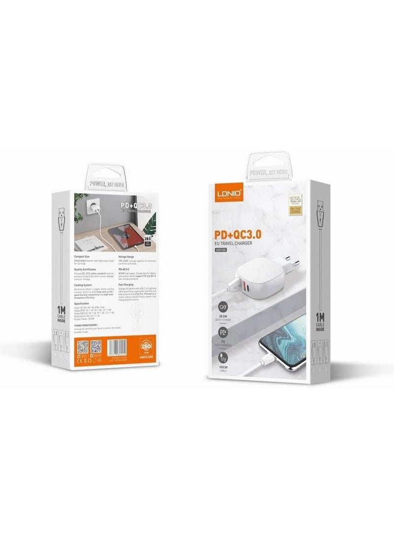 لدنيو شاحن حائط LDNIO A3510Q، 2x USB + USB-C، PD + QC 3.0، 32 وات TYPE-C- (أبيض) - Image 4