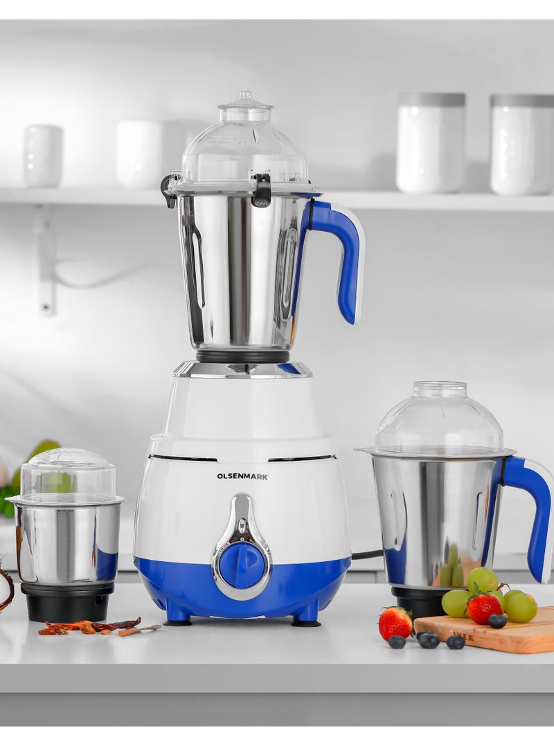 Olsenmark 3 IN 1 Mixer Grinder with 1200 W Powerful Motor with Stainless Steel Jars and Blades, Unbreakable Polycarbonate Jar Caps, Ergonomic Design, Overload Protector 0.01 L 1200 W OMSB7015 White - Image 1