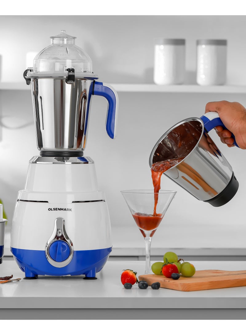 Olsenmark 3 IN 1 Mixer Grinder with 1200 W Powerful Motor with Stainless Steel Jars and Blades, Unbreakable Polycarbonate Jar Caps, Ergonomic Design, Overload Protector 0.01 L 1200 W OMSB7015 White - Image 2
