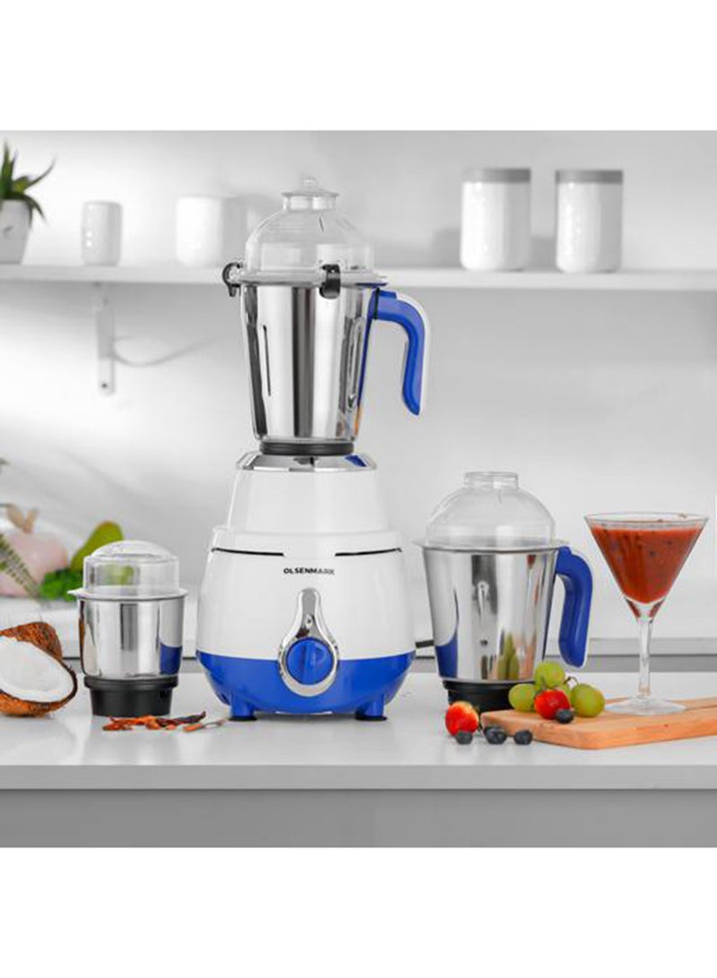 Olsenmark 3-in-1 Mixer Grinder - OMSB7015/ 1200W Powerful Motor, Stainless Steel Jars & Blades, 3 Jars with 3 Speed Control, Polycarbonate Jar Caps, Overload Protection, Ergonomic Design/ Ideal for Smoothies, Grinding & Blending/ White & Silver 0.01 L 1200 W OMSB7015 White - Image 4