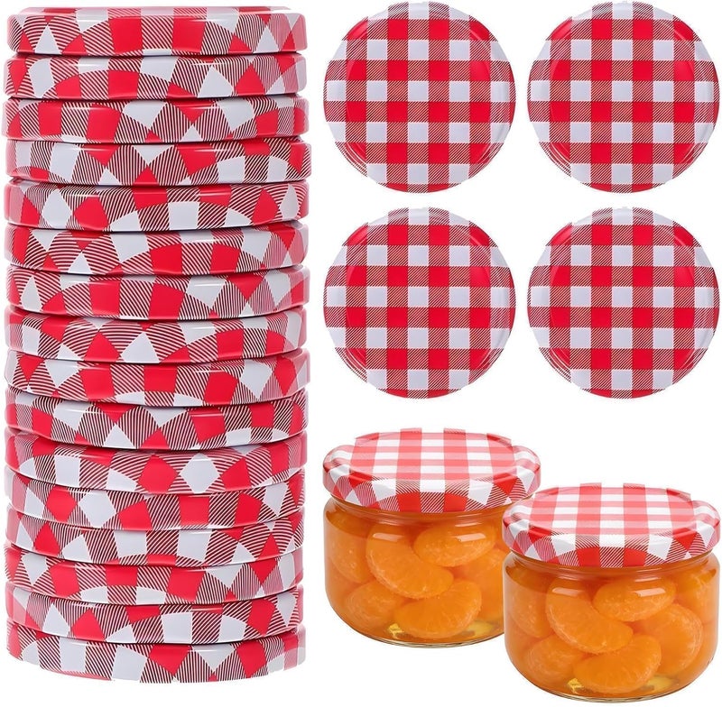 Hoceium Pack of 40 preserving lids, TO 63, red chequered, replacement lids for preserving jars, twist-off lid made of metal, airtight and food-safe, screw lids for jars and preserving jars, reusable - Image 1