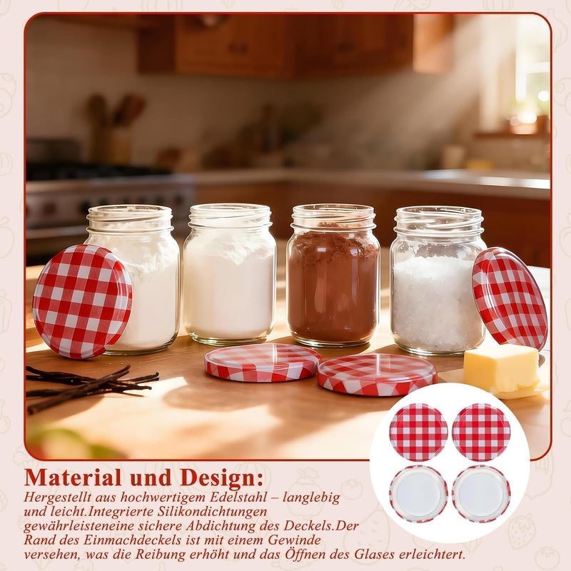 Hoceium Pack of 40 preserving lids, TO 63, red chequered, replacement lids for preserving jars, twist-off lid made of metal, airtight and food-safe, screw lids for jars and preserving jars, reusable - Image 5