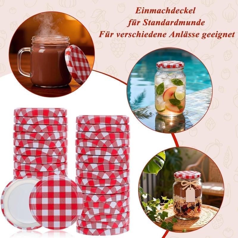 Hoceium Pack of 40 preserving lids, TO 63, red chequered, replacement lids for preserving jars, twist-off lid made of metal, airtight and food-safe, screw lids for jars and preserving jars, reusable - Image 4
