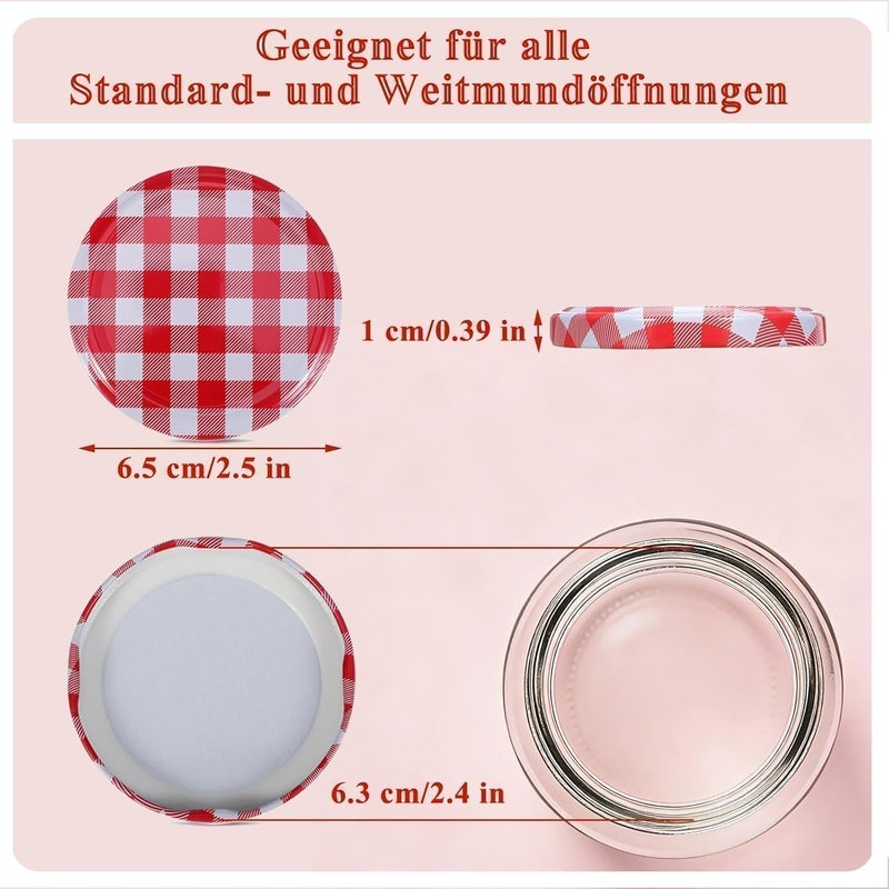 Hoceium Pack of 40 preserving lids, TO 63, red chequered, replacement lids for preserving jars, twist-off lid made of metal, airtight and food-safe, screw lids for jars and preserving jars, reusable - Image 2