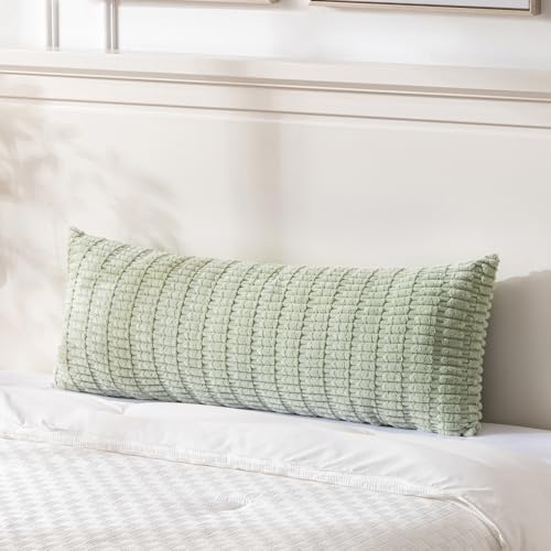 Fancy Homi Sage Green Long Lumbar Decorative Throw Pillow Covers 14x36 Inch for Bed Couch Bedroom Soft Corduroy Rectangle Solid Cushion Case 35x91 cm Rustic Farmhouse Boho Room Dcor