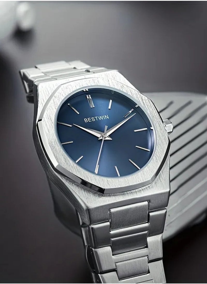 Bestwin A high-quality, waterproof steel men's watch from Bestwin, a silver bracelet with a blue dial, inspired by the famous D1 Milano watches  - Image 1