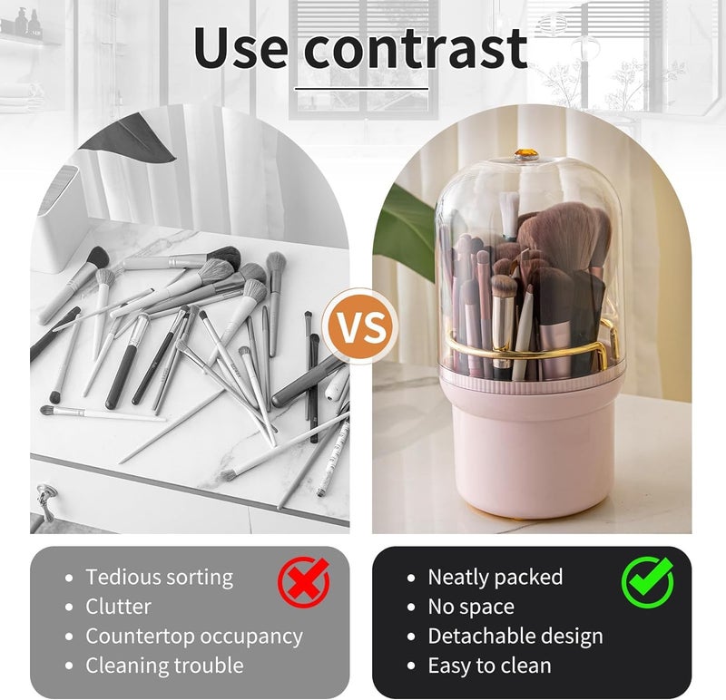 Dravina Makeup Brush Holder- 360°Rotating Cosmetic Organizer With Lid, Large Capacity & 7 Storage Sections | Multipurpose Dressing Table Organizer For Women| Vanity Toiletry 22 * 12cm (Pink) - Image 4