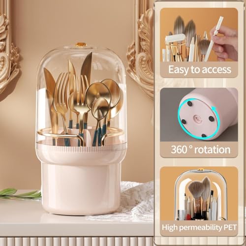 Dravina Makeup Brush Holder- 360°Rotating Cosmetic Organizer With Lid, Large Capacity & 7 Storage Sections | Multipurpose Dressing Table Organizer For Women| Vanity Toiletry 22 * 12cm (Pink) - Image 3