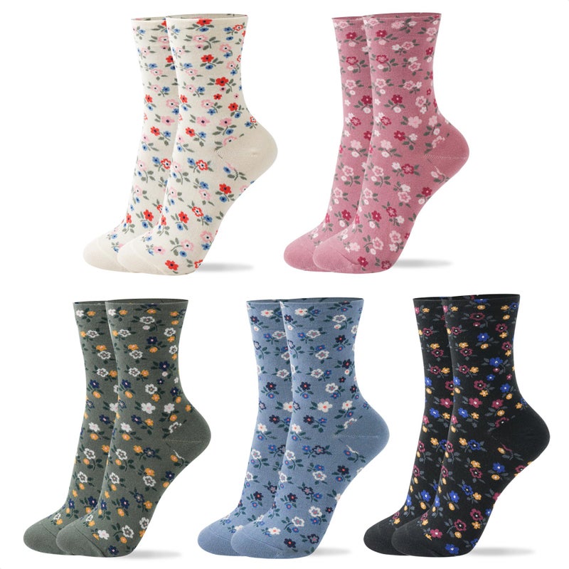 kikiya socks Women Pattern Crew | 5 Pairs Flower Designer Print Cute Floral Graphic Patterned White Pink Blue Green Black Colored Daily Boot Cotton Socks | Womens Ladies Girls Gift | Flower Print A - Image 1