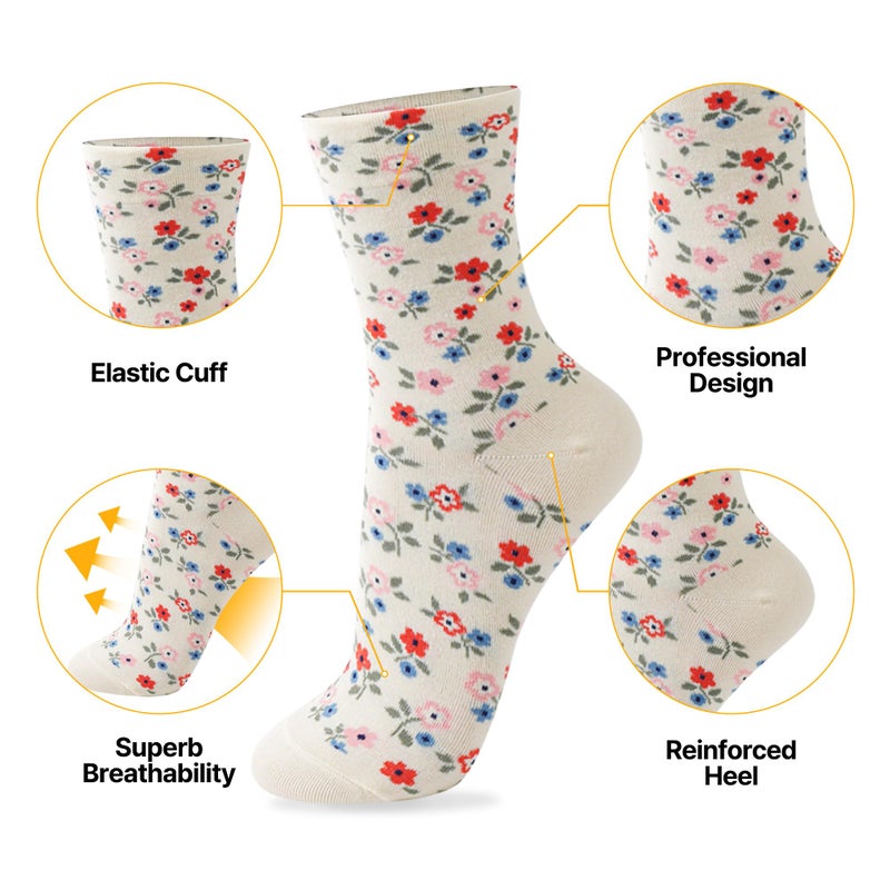 kikiya socks Women Pattern Crew | 5 Pairs Flower Designer Print Cute Floral Graphic Patterned White Pink Blue Green Black Colored Daily Boot Cotton Socks | Womens Ladies Girls Gift | Flower Print A - Image 4