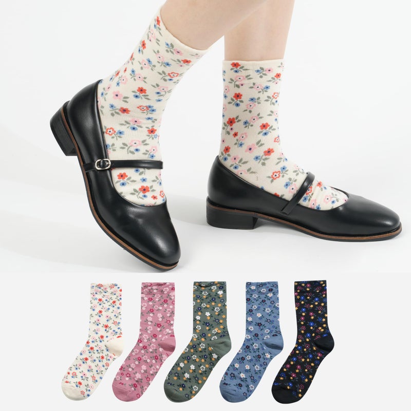 kikiya socks Women Pattern Crew | 5 Pairs Flower Designer Print Cute Floral Graphic Patterned White Pink Blue Green Black Colored Daily Boot Cotton Socks | Womens Ladies Girls Gift | Flower Print A - Image 3
