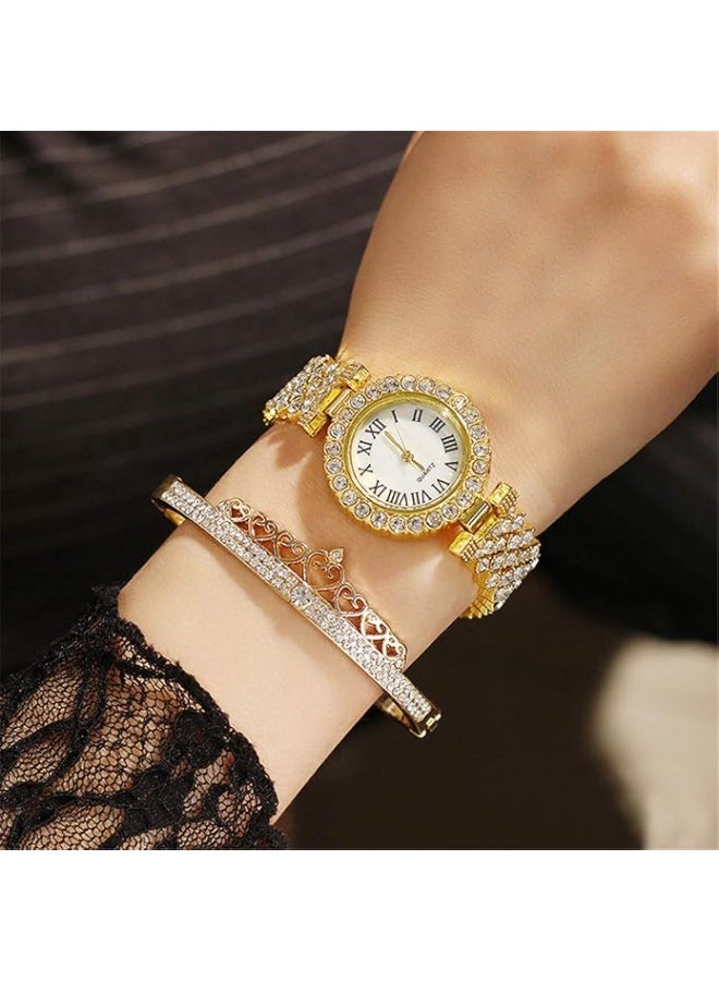 كوارتز ساعات نسائية ساعات كوارتز فاخرة مرصعة بالماس ساعات يد نسائية مع مجموعة أساور تاجية هدايا - Image 2