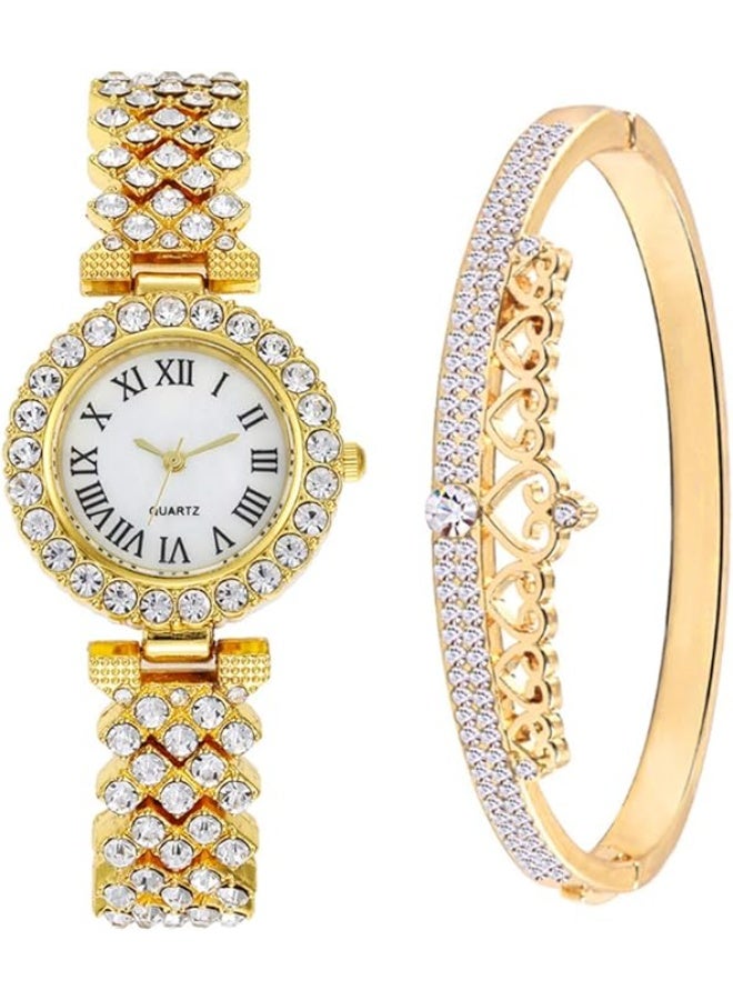 كوارتز ساعات نسائية ساعات كوارتز فاخرة مرصعة بالماس ساعات يد نسائية مع مجموعة أساور تاجية هدايا - Image 1