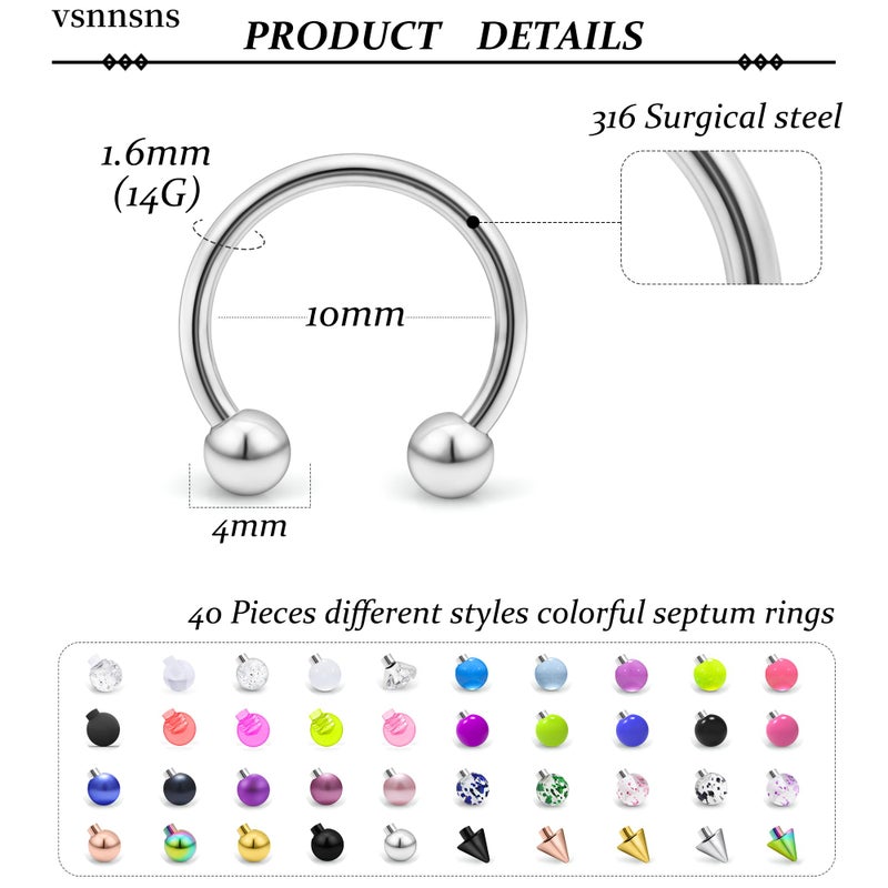 Vsnnsns خواتم ثقب الأنف Vsnnsns 14G من الفولاذ الجراحي 316L على شكل حدوة الحصان، خواتم أنف، حلقة شفة لدغة الثعبان، أقراط دايث روك، مجوهرات ثقب مبتسم للنساء والرجال 10MM 14 قياس فضي - Image 2