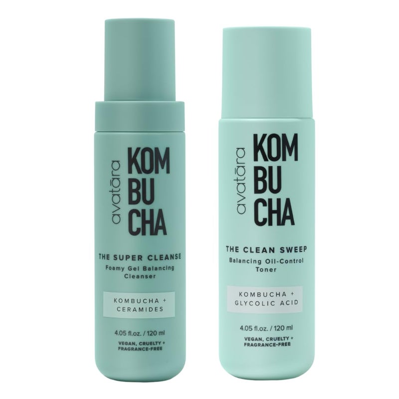 Avatara - Kombucha Cleansing Duo, The Super Cleanse Face Wash + The Clean Sweep Face Toner, Natural Skin-Balancing Cleanser and Face Exfoliator, Hydrating Skincare for Teens, Women, and Men - Image 1