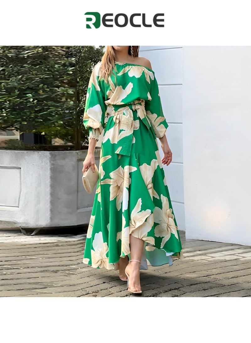 REOCLE Dress Spring and Summer Women's Elegant Commuting Printed Lantern Sleeve Dress Off-Shoulder Design Waist Design Irregular Skirt - Image 2