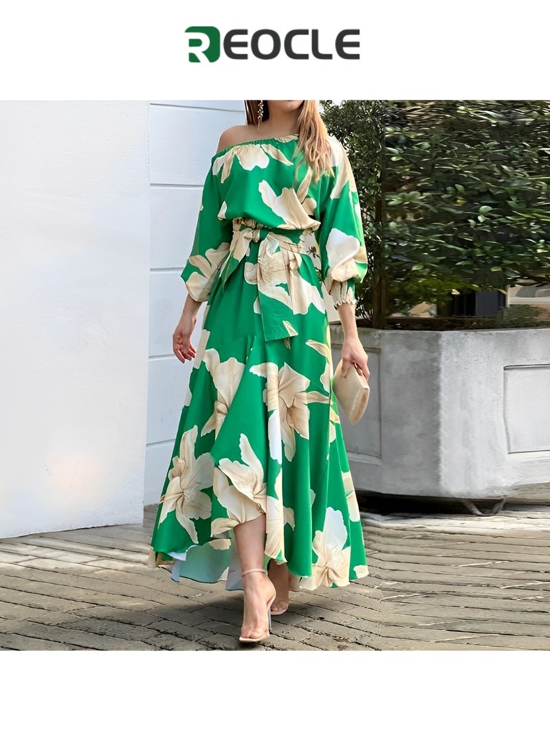 REOCLE Dress Spring and Summer Women's Elegant Commuting Printed Lantern Sleeve Dress Off-Shoulder Design Waist Design Irregular Skirt - Image 3