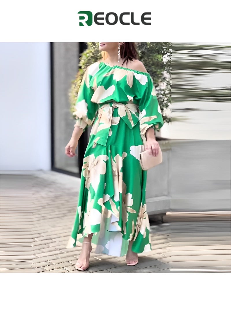 REOCLE Dress Spring and Summer Women's Elegant Commuting Printed Lantern Sleeve Dress Off-Shoulder Design Waist Design Irregular Skirt - Image 4