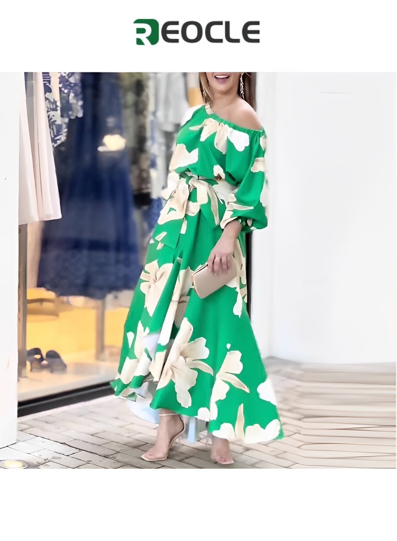REOCLE Dress Spring and Summer Women's Elegant Commuting Printed Lantern Sleeve Dress Off-Shoulder Design Waist Design Irregular Skirt - Image 5