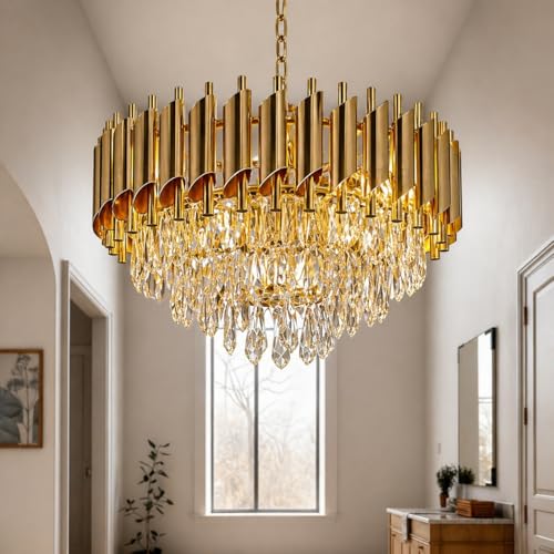 Murphy Radiance 500mm Golden Crystal Pendant Light | Modern Round Ceiling Chandelier for Living Room, Bedroom & Hall (Antique Gold, 3-in-1 LED Plate – Warm White, Natural White, Cool White, Pack of 1) - Image 1