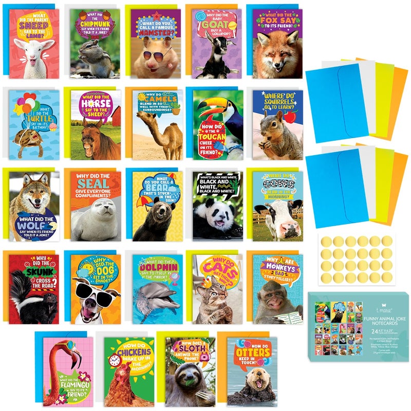 T MARIE 24 Funny Animal Joke Notecards With No Repeats - Humorous Bulk Cards Set - 4.5â€ x 6.25â€ Thinking of You Cards for Friends, Kids, Students, Teachers, Summer Camp and More - Image 1