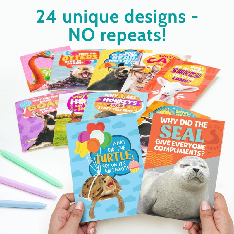 T MARIE 24 Funny Animal Joke Notecards With No Repeats - Humorous Bulk Cards Set - 4.5â€ x 6.25â€ Thinking of You Cards for Friends, Kids, Students, Teachers, Summer Camp and More - Image 2
