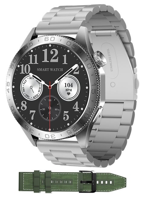 Korean Brand Smart Watch ST20，Business Smartwatch, Waterproof Fitness Watch, Bluetooth Calling, Compatible with Android and iOS,Smartwatch For Men, Zinc Alloy Vacuum Plating, Heart Rate Monitoring，border is silver, two-tone straps with green and silver