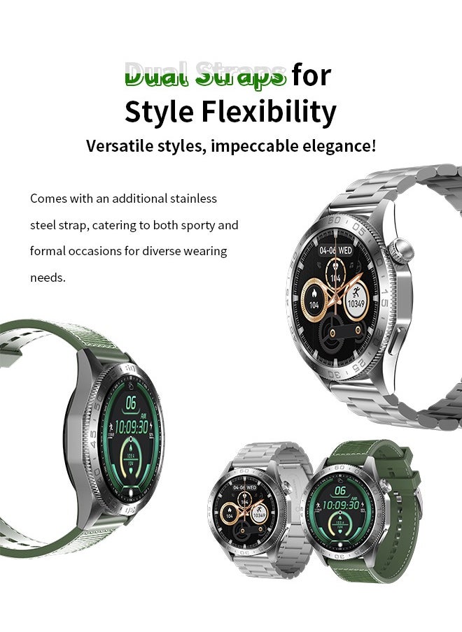 WAPIK - Korean Brand Smart Watch ST20，Business Smartwatch, Waterproof Fitness Watch, Bluetooth Calling, Compatible with Android and iOS,Smartwatch For Men, Zinc Alloy Vacuum Plating, Heart Rate Monitoring，border is silver, two-tone straps with green and silver - Image 1
