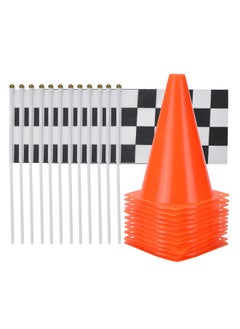Kicko Traffic Cones & Racing Checkered Flags Set Car And Racing Theme Birthday Decorations Party Supplies Ideal For Girls And Boys Birthday Party Pack Of 24 (12 Traffic Cones + 12 Flags)  - Image 1