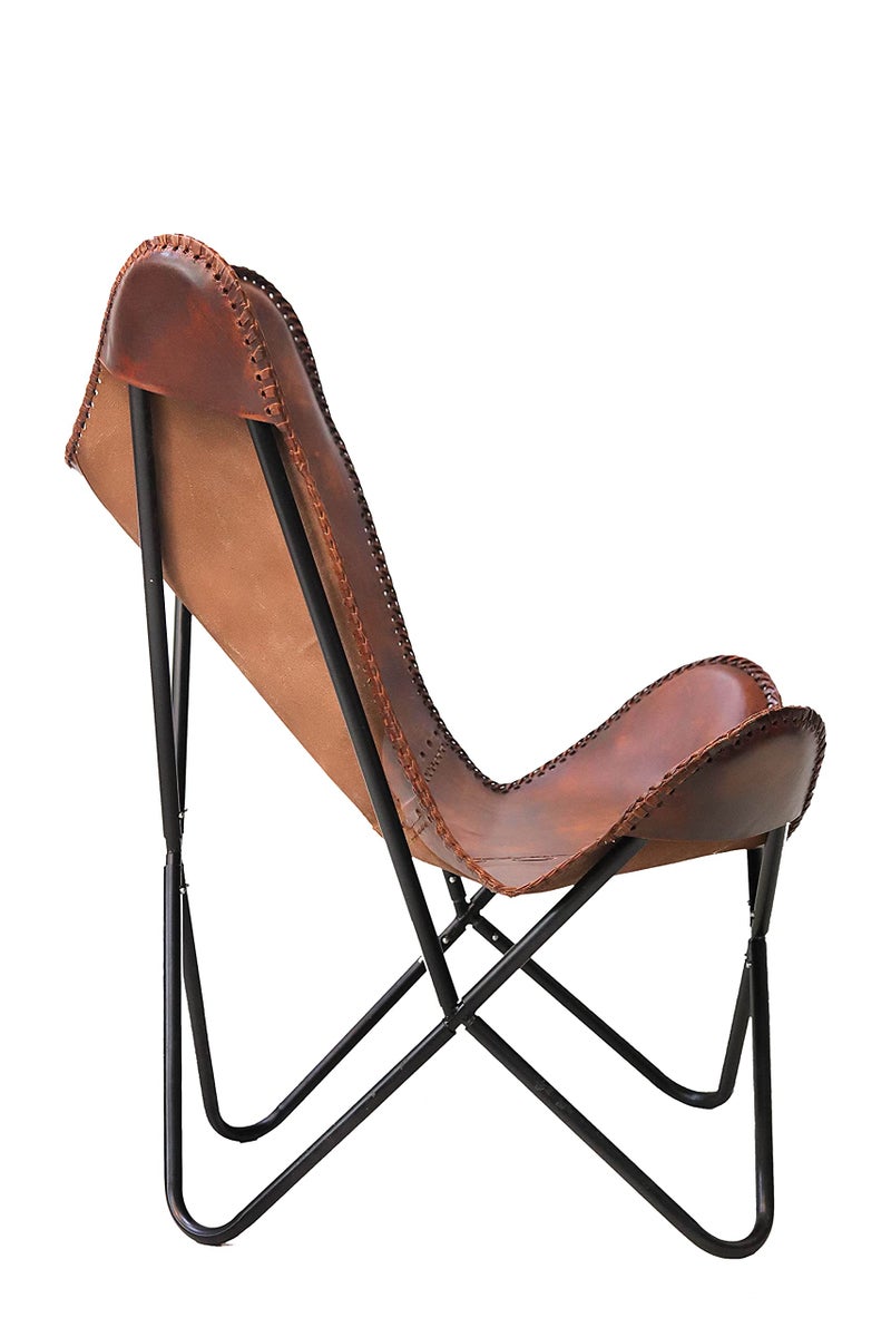 cuero Classy Handmade Dark Brown Leather Butterfly Chair Living Room- Side Hand Stich Leather Chair-Handmade with Powder Coated Folding Black Iron Frame (Cover with Folding Frame) - Image 5