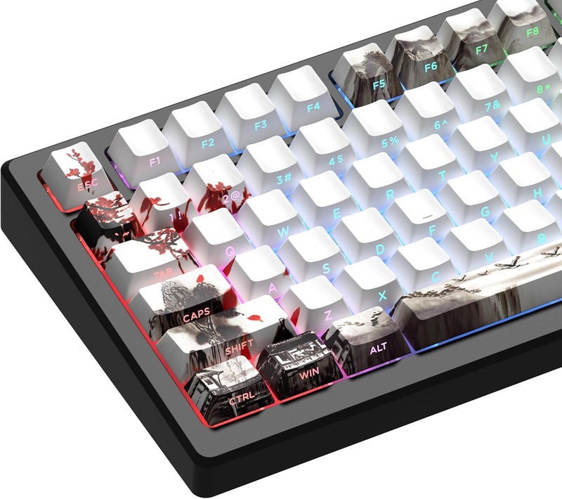 HITIME XVX PBT Keycaps - Side Print, Shine Through Custom, Retro Keycap Set, 128 Cherry Profile Keys for Mechanical Keyboards, Plum Blossom - Image 1