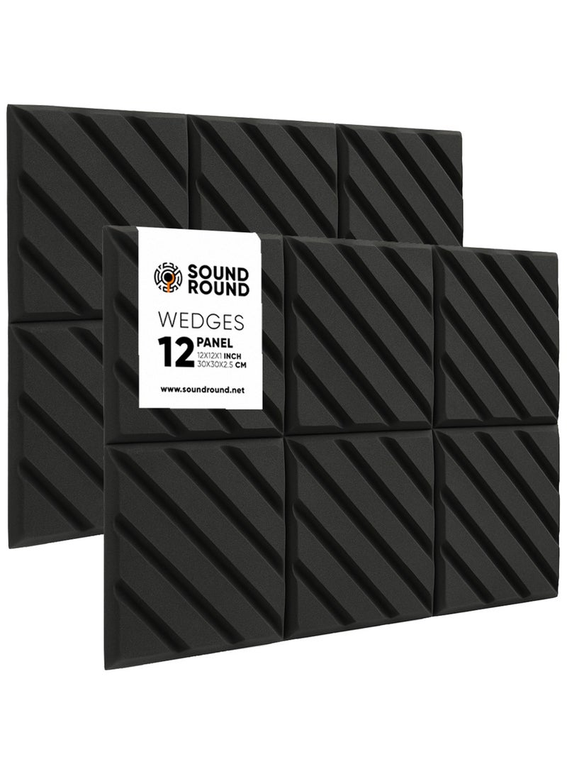 ساوند راوند ألواح الفوم الصوتي SoundRound مقاس 12×12×1 بوصة – عزل صوت احترافي بتصميم اكسيزويف – للتحكم في الصدى ومعالجة السينما المنزلية – ألواح عالية الكثافة – 12 قطعة - لون رمادي غامق - Image 1