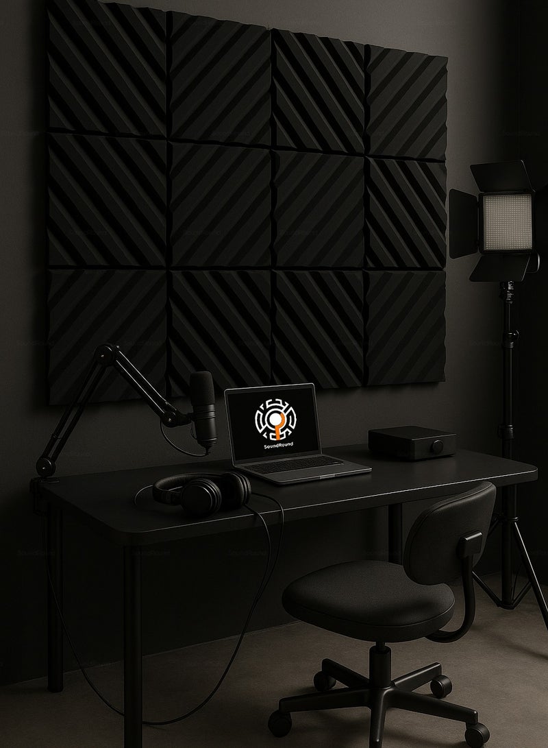 ساوند راوند ألواح الفوم الصوتي SoundRound مقاس 12×12×1 بوصة – عزل صوت احترافي بتصميم اكسيزويف – للتحكم في الصدى ومعالجة السينما المنزلية – ألواح عالية الكثافة – 12 قطعة - لون رمادي غامق - Image 3