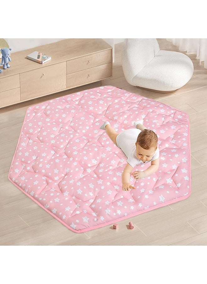 Moonsea Moonsea Hexagon Mat Princess Tent Rug, Plush Soft Playpen Mat Fitted for Monobeach Princess Castle, Non Slip Pink Star Nursery Rug for Baby Girl Room Decor, 55" L x 47" W  - Image 2