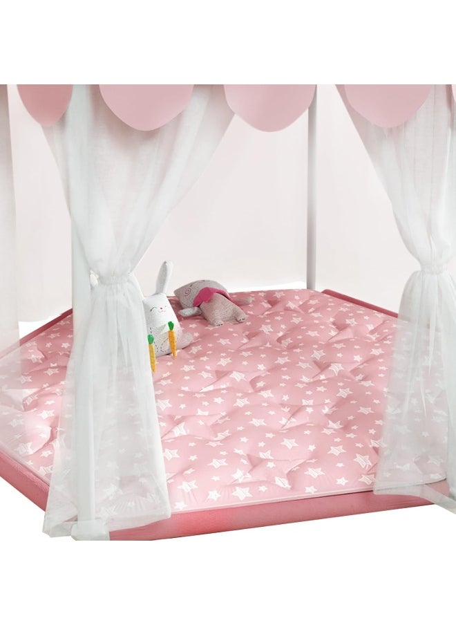 Moonsea Moonsea Hexagon Mat Princess Tent Rug, Plush Soft Playpen Mat Fitted for Monobeach Princess Castle, Non Slip Pink Star Nursery Rug for Baby Girl Room Decor, 55" L x 47" W  - Image 1