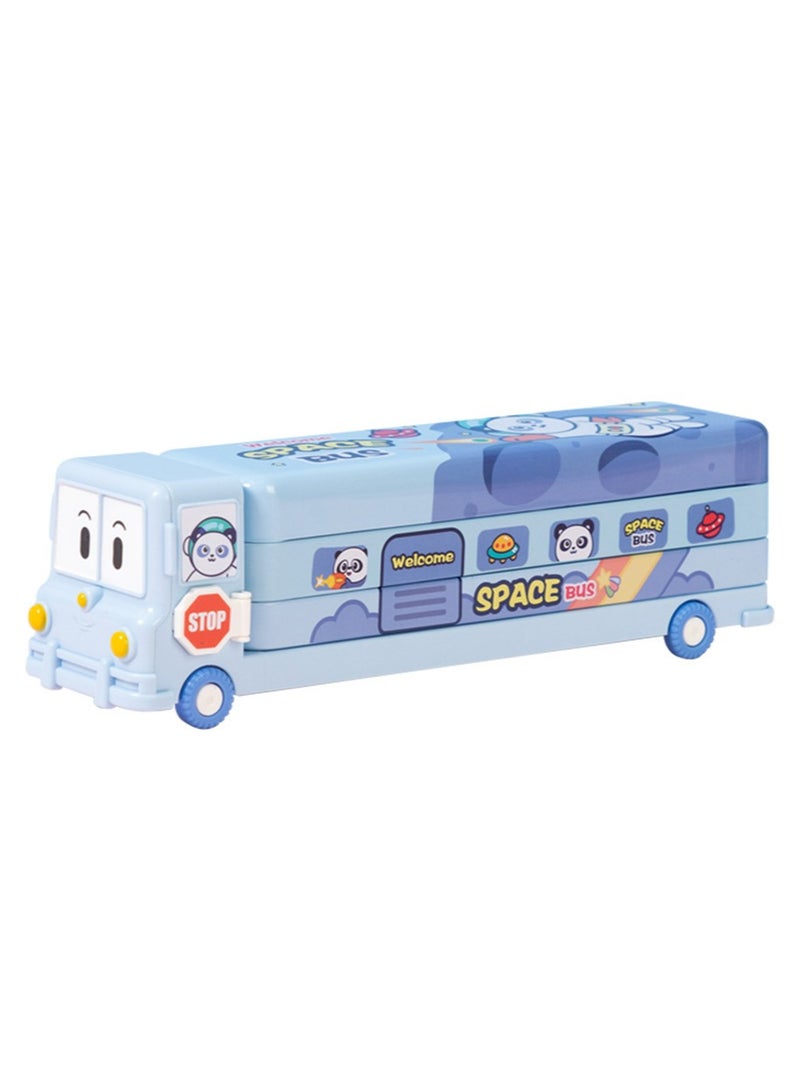 Loquat Cartoon Printed School Bus Matal Pencil Box with Moving Tyres and for Kids - Blue - Image 1