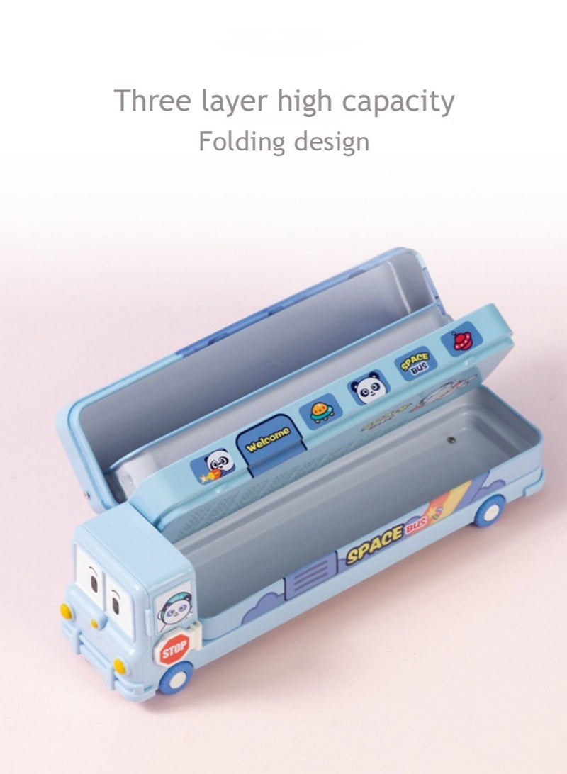 Loquat Cartoon Printed School Bus Matal Pencil Box with Moving Tyres and for Kids - Blue - Image 2