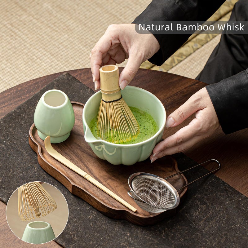 SFTXEY Matcha Whisk Set, Matcha Set Includes Ceramic Matcha Bowl, Bamboo Whisk, Scoop, Chasen Holder, Sifter - 5 Pcs Perfect Matcha Kit for Matcha Lover (Emerald Green) - Image 3
