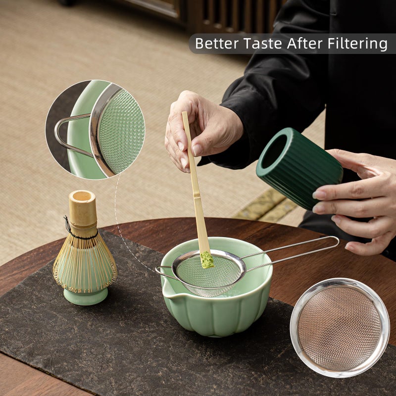 SFTXEY Matcha Whisk Set, Matcha Set Includes Ceramic Matcha Bowl, Bamboo Whisk, Scoop, Chasen Holder, Sifter - 5 Pcs Perfect Matcha Kit for Matcha Lover (Emerald Green) - Image 2