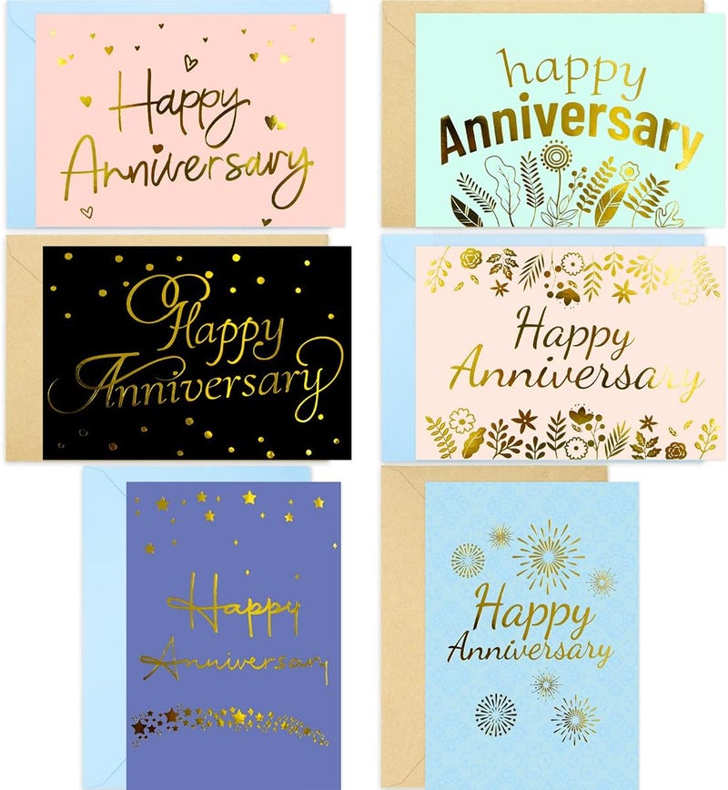 Fancy Land 12 Anniversary Cards with Envelopes Gold Foil Anniversary Greeting Cards for Business Office Wedding 6 Designs - Image 1