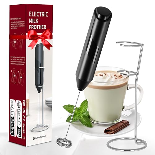 HealSmart Milk Frother Handheld, Battery Operated Whisk Maker with Stainless Steel Stand Hand Drink Mixer for Coffee, Lattes, Cappuccino, Matcha, Black - Image 1