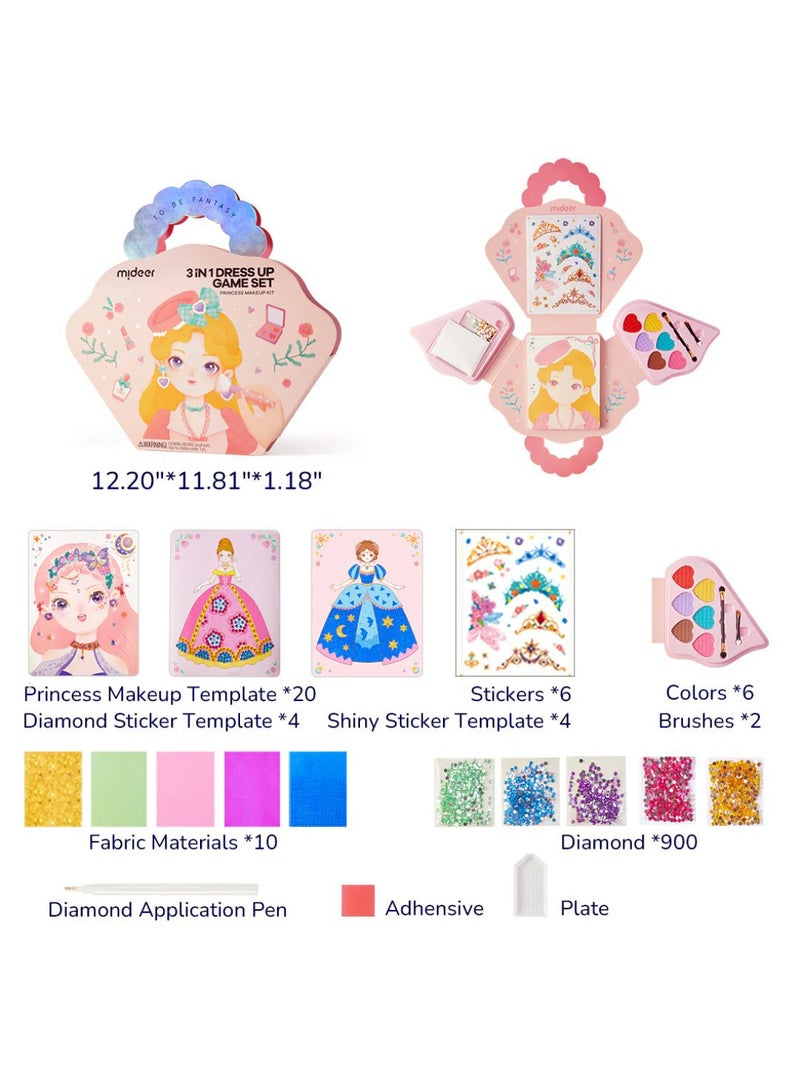 MiDeer 3-in-1 Princess Dress Up Game Set – Kids Makeup, Gemstone Stickers & DIY Accessories | 200+ PCS Creative Activity Kit for Girls Ages 3+, Portable Vanity Playset - Image 4