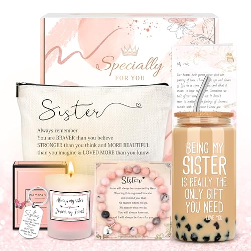 CHESACE Sister Gifts from Sisters Birthday Gifts for Sisters Adult Best Sister Ever Gift Ideas for Women Cool Presents Set with Funny Glass Cup, Unique Makeup Bag, Scented Candle, Bracelet, Keychain, Card - Image 1