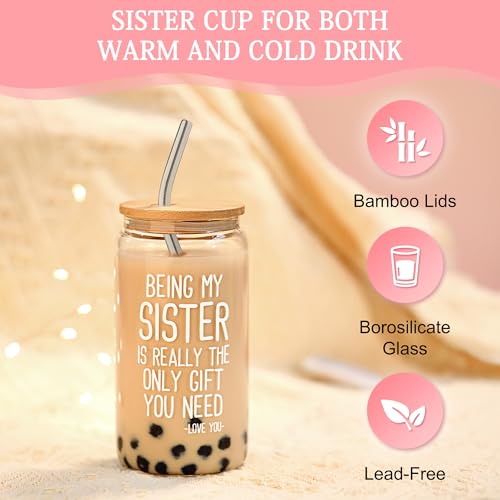 CHESACE Sister Gifts from Sisters Birthday Gifts for Sisters Adult Best Sister Ever Gift Ideas for Women Cool Presents Set with Funny Glass Cup, Unique Makeup Bag, Scented Candle, Bracelet, Keychain, Card - Image 2