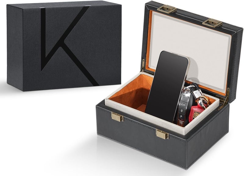 KENARK KK6 PLUS-BK Faraday Key Fob Protector Box, RFID Signal Blocking Shielding Box for Car Keys, Anti-Theft Vintage Faraday Cage with High-Grade Protein Leather, Black - Size: L - Image 1