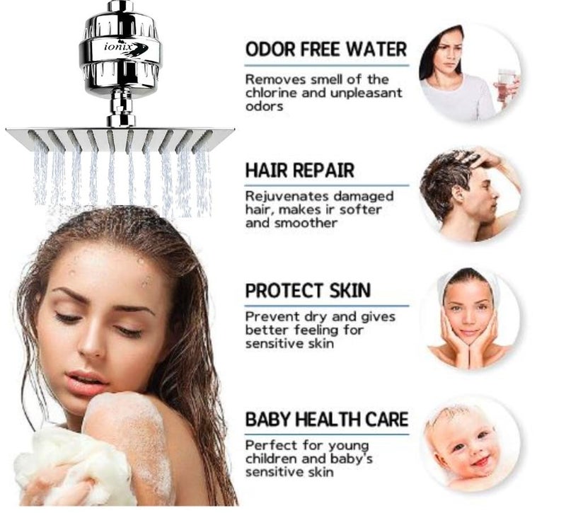 IONIX shower filter shower head combo 8X8 Stainless Steel 304 Shower Head with 15 stage water filter for healthy bath for family DIY hard water filter silver - Image 2