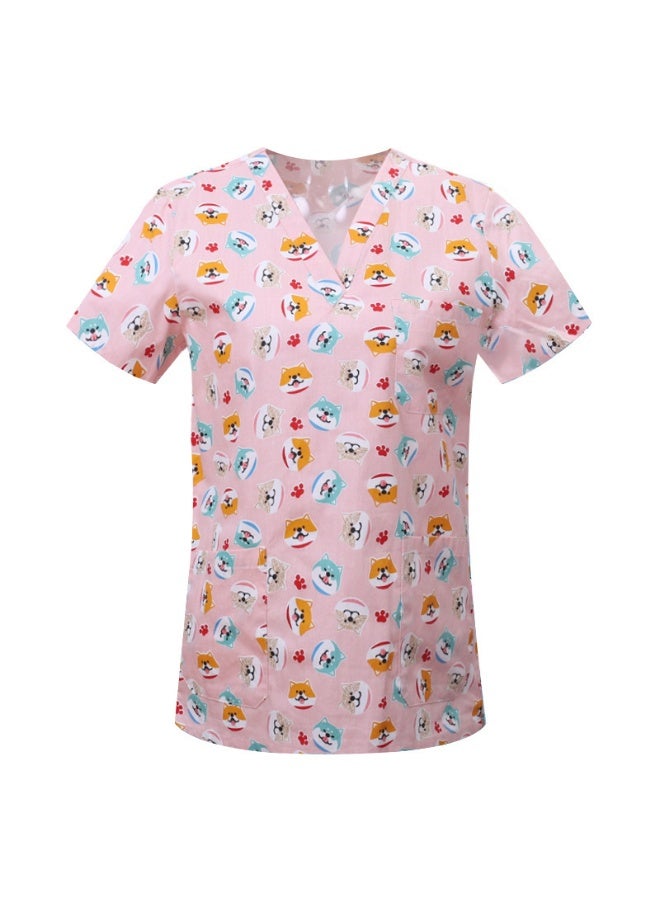 Loquat Womens Medical Scrubs Single Top Medical Uniform Single Printed Top Dog Print on Pink Background - Image 1