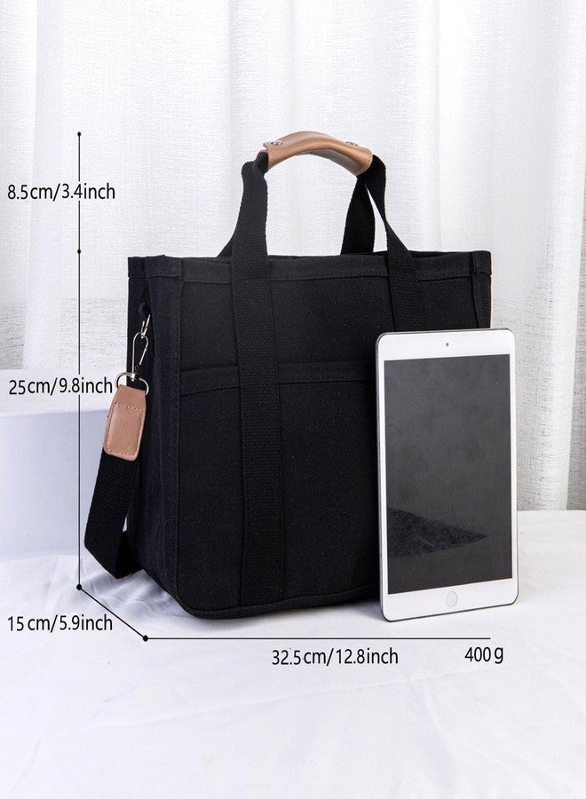 AioTio Women Multi-pocket Canvas Tote Bag Large Capacity Shoulder Crossbody Handbag With Compartments(Black) - Image 5