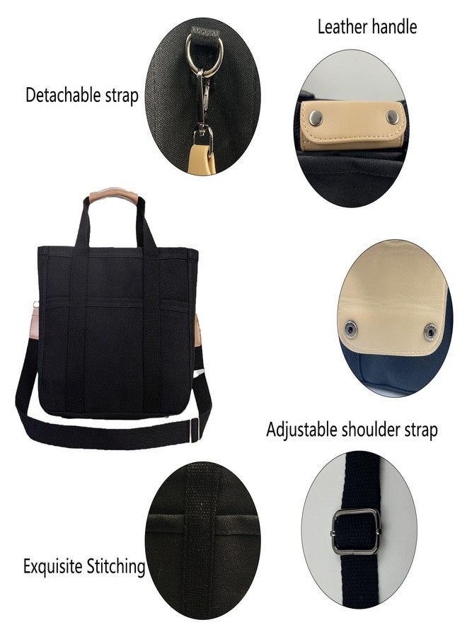 AioTio Women Multi-pocket Canvas Tote Bag Large Capacity Shoulder Crossbody Handbag With Compartments(Black) - Image 4